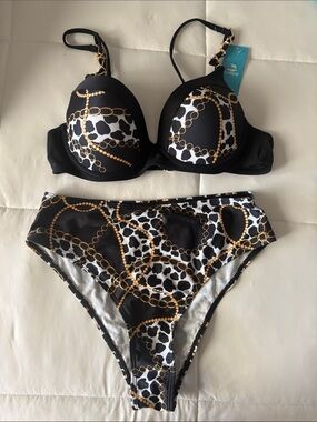 Cupshe Black, White & Gold Chain Print Push-Up Bikini Set